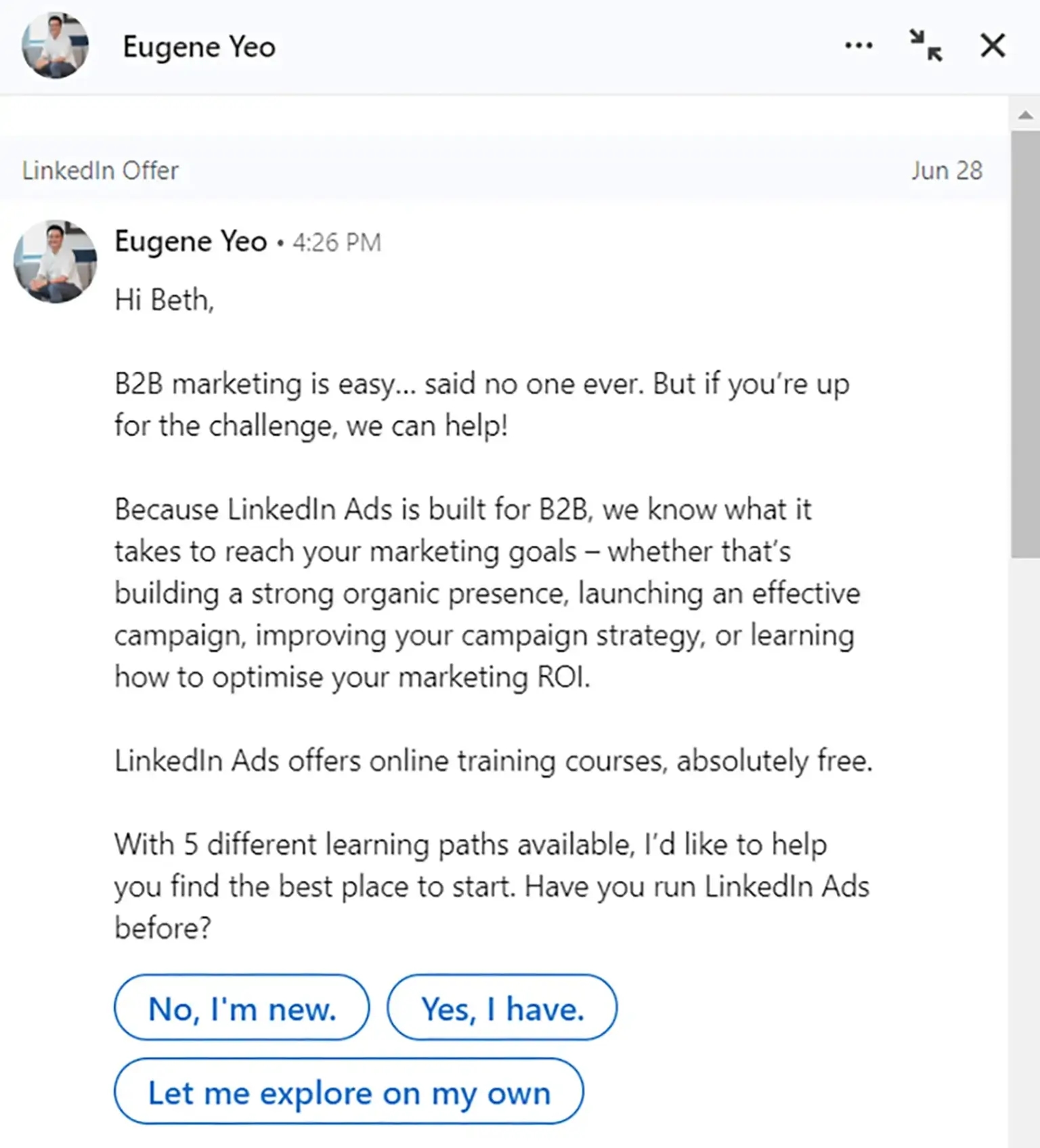 Example stage 2 of a LinkedIn Conversation Ad