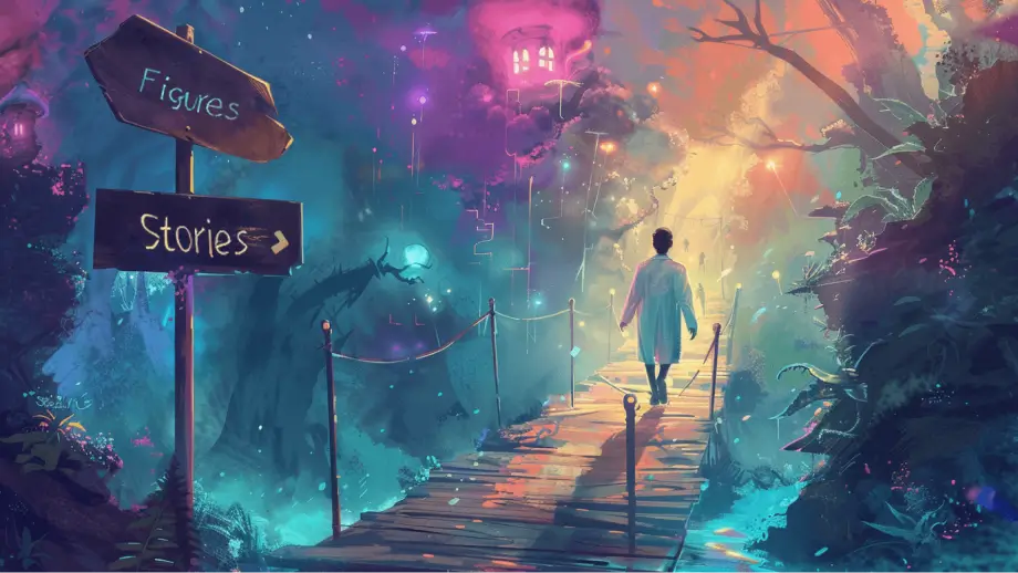 A doctor crosses a bridge to a brighter area, following a sign that says ‘Stories', instead of taking the path to ‘Figures'