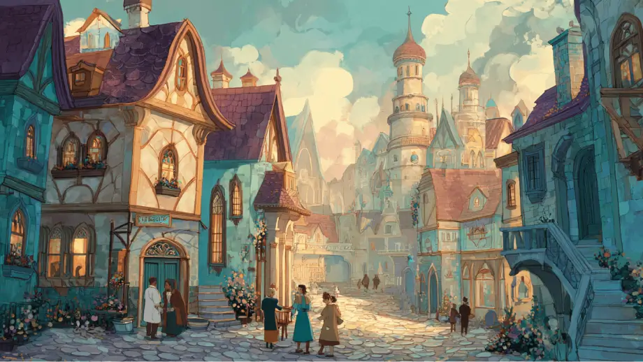 A fairy tale town shows people in the centre talking and helping each other.