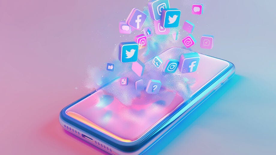 Social media icons erupting from phone